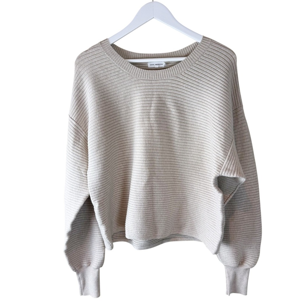 Good American Oatmeal Heather Ribbed Knit Crew Neck Sweater Size 2 Medium